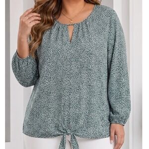 West Kei Green White Printed Tie Front Keyhole Blouse XL